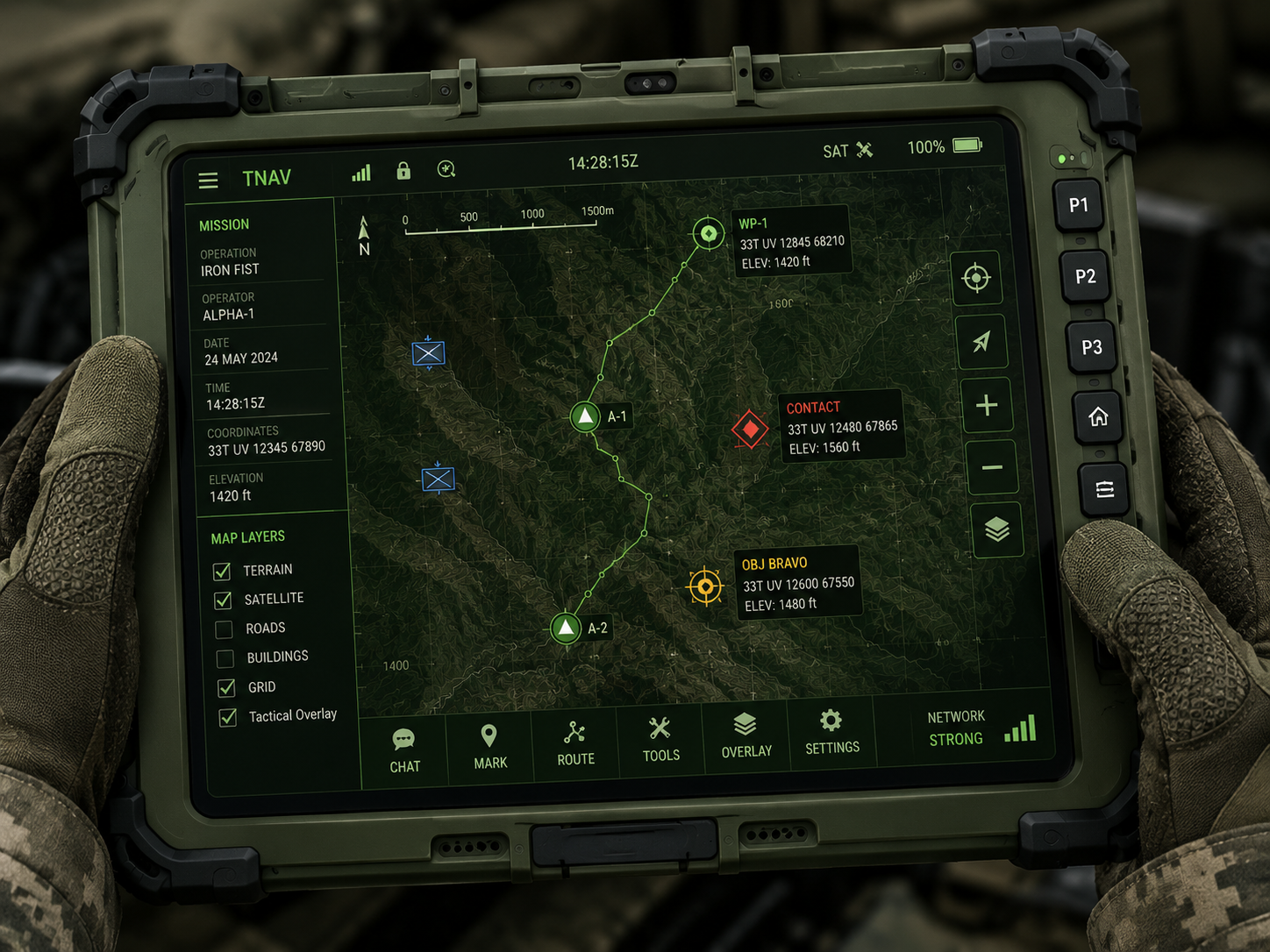 Tactical navigation system displayed on a rugged military tablet