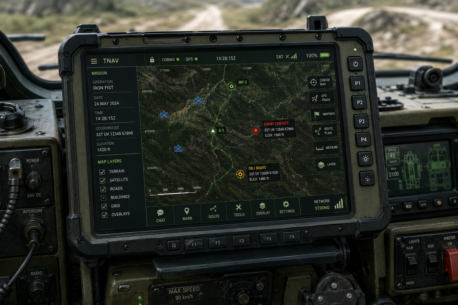 Tactical navigation system installed inside a military vehicle